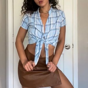 90's Vintage Jane Ashley Baby Blue Scrunch Cotton Plaid Button Down Blouse